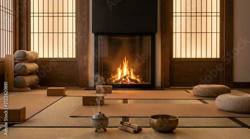 Minimalist yoga room with a glowing fireplace, studio props, and soft lighting