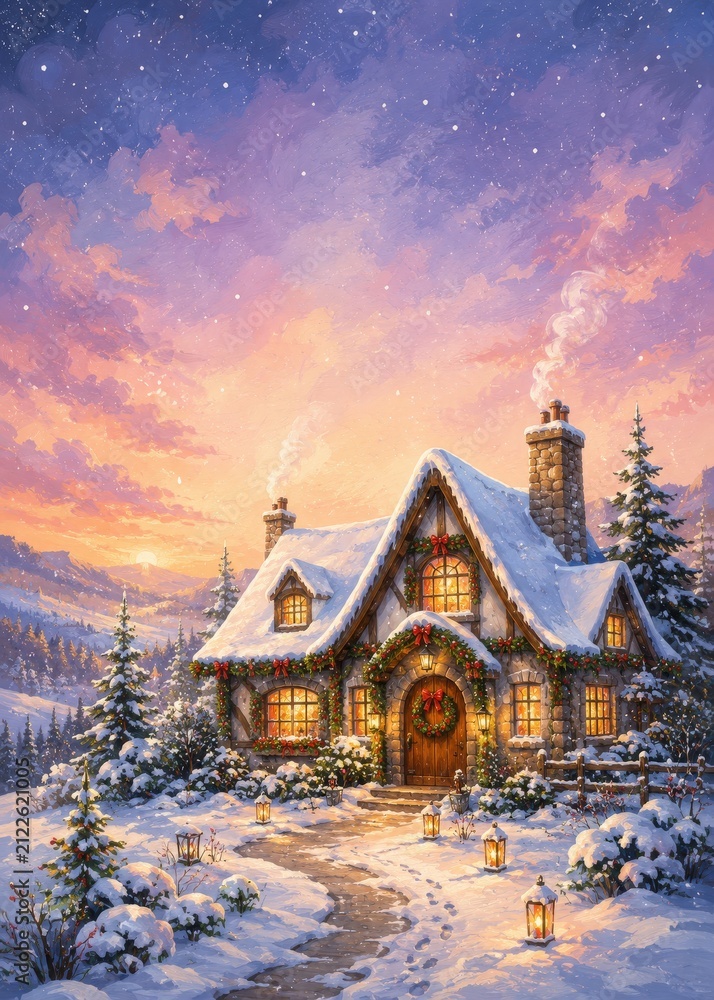 Obraz premium A cozy snow-covered cottage glows with warm light on a winter evening, framed by snow-dusted pine trees and the soft hues of a twilight sky with twinkling stars.