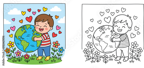 Cute boy hugging planet earth vector illustration with coloring page line art for earth day children coloring book activities and environmental care concept