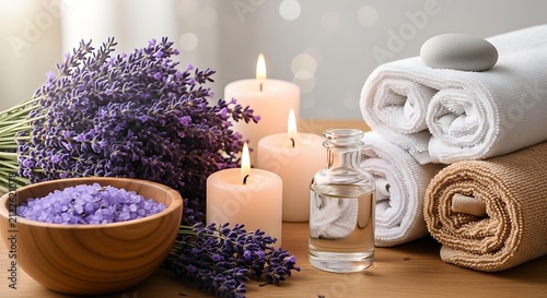 Lavender spa treatment setup with candles and rolled white towels