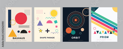 Abstract geometric poster set with colorful shapes, modern design, and minimalist style