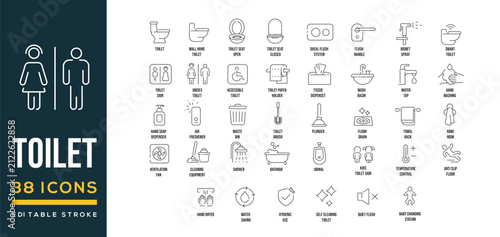 Toilet Line Icons Set – Editable Stroke Restroom, WC, Bathroom, Sanitation, Hygiene & Public Facilities Vector Collection