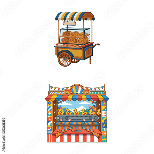 Vector illustration of an amusement park food cart and a shooting gallery booth