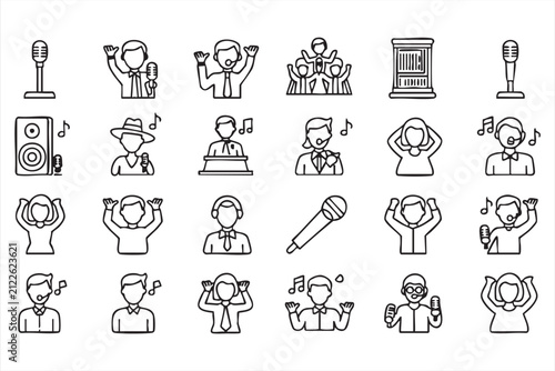Music and entertainment line icons in editable stroke style. Microphone, singer, DJ, announcer, audience, speaker, podcast, radio host, performance, concert collection. Editable stroke. Vector.