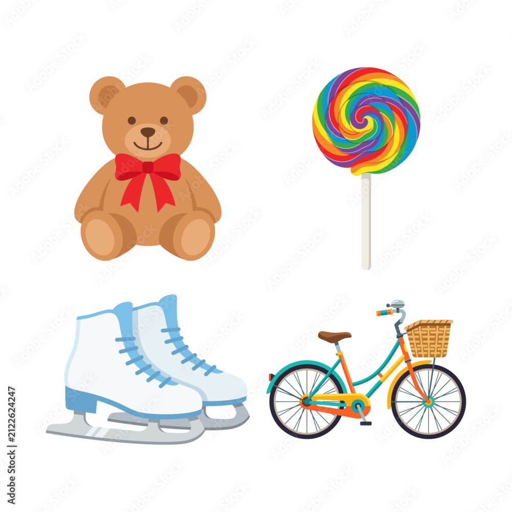 Naklejka premium Set of Colorful Childhood Toys Including a Teddy Bear A Swirly Lollipop Ice Skates and a Classic Bicycle Illustration