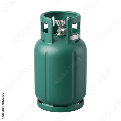 Green propane gas tank, a portable LPG cylinder for home cooking and industrial fuel storage. Liquefied petroleum gas container, essential for energy and heating applications.