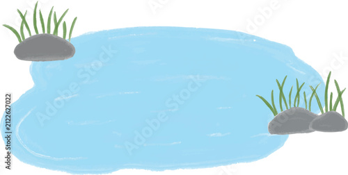 gouache blue puddle with rocks and grass kids core hand drawn colorful illustration