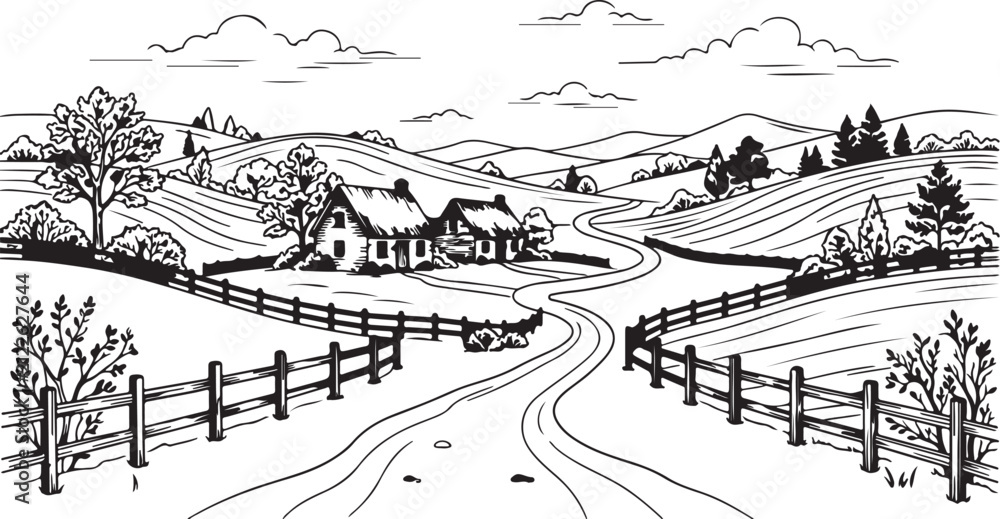 Fototapeta premium Two cozy houses on a winding country road at night