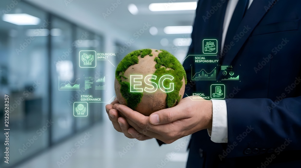 Obraz premium Businessman Holding Green Moss Globe with ESG Icon for Environmental Social and Governance Concept