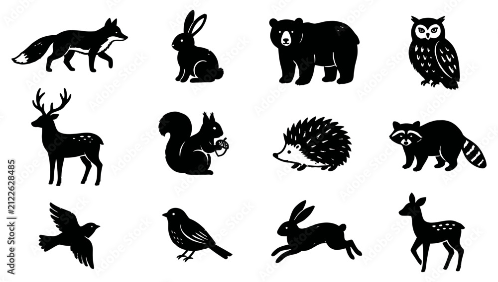 Obraz premium Set of black silhouette woodland animal icons featuring forest creatures in a minimalist graphic design style