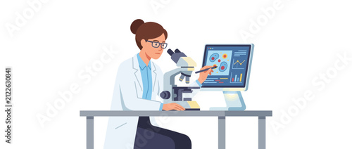Scientist Woman Working with Microscope and Computer in Laboratory