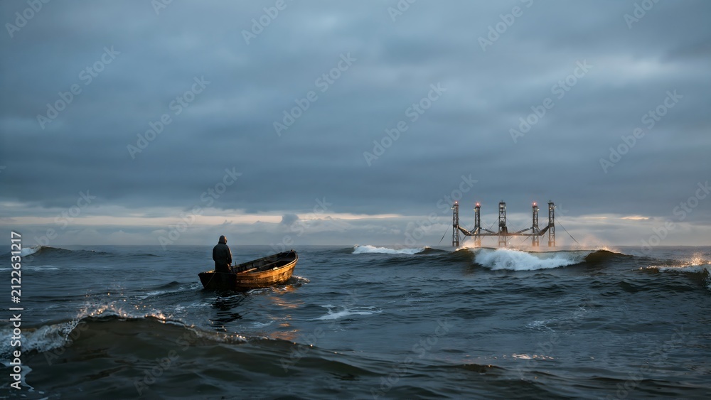 Naklejka premium Sailor Facing Ocean Waves with Offshore Wind Turbines Under Dark Cloudy Sky
