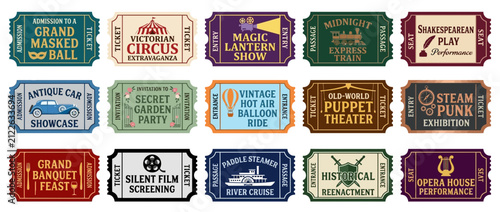 Quadro su tela Vintage Event Tickets Collection: Circus, Train, Theater, Ball, Car Show
