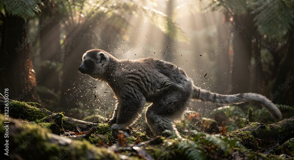 Fototapeta premium Lemur shaking off water in a misty forest