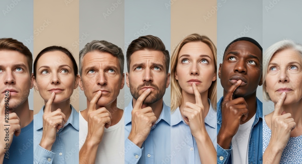 Obraz premium Collage of Diverse People Thinking and Looking Upwards, Concept of Problem Solving, Decision Making and Inspiration