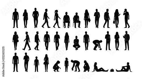 Diverse collection of human silhouettes in various poses and activities.