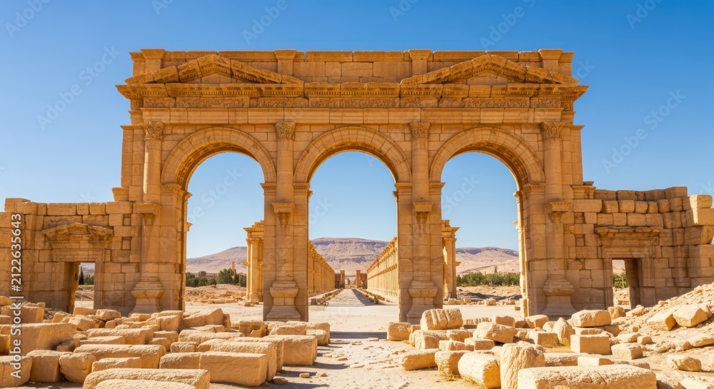 Obraz premium Ancient Monumental Arch of Palmyra in Syria, Roman Empire Ruins with Colonnaded Street and Desert Landscape