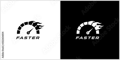 Dynamic Speedometer with Flames and 'Faster' Text Logo Design Concept