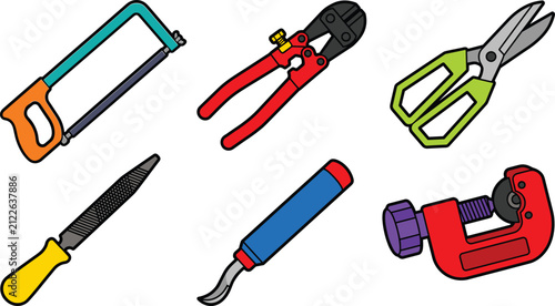 Принти на полотні Industrial hardware cutting tools vector set featuring hacksaw bolt cutter shear