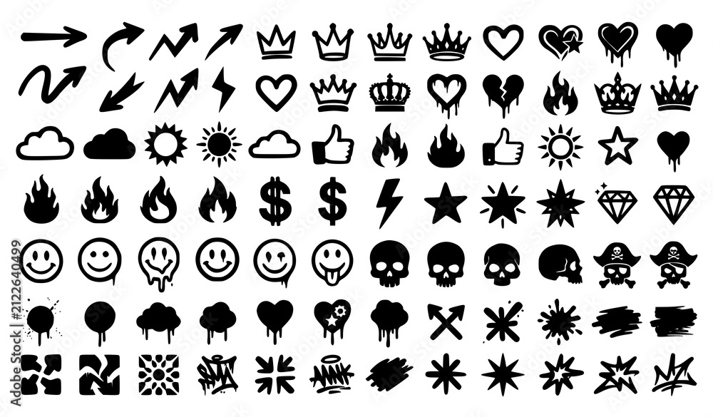 Obraz premium Graffiti Spray Stencil Icon Pack with Black Urban Symbols and Dripping Street Art Effects