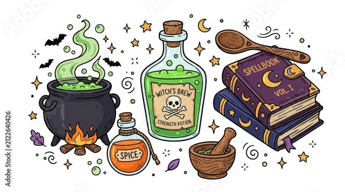 Watercolor illustration set featuring a witch cauldron magic potion bottles spell books and mystical alchemy equipment elements