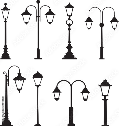 Set of Vintage Wrought Iron Street Lamps Vector Illustration Featuring Antique Metal Lantern Lamppost Silhouettes for Retro City Architecture and Urban Lighting Design