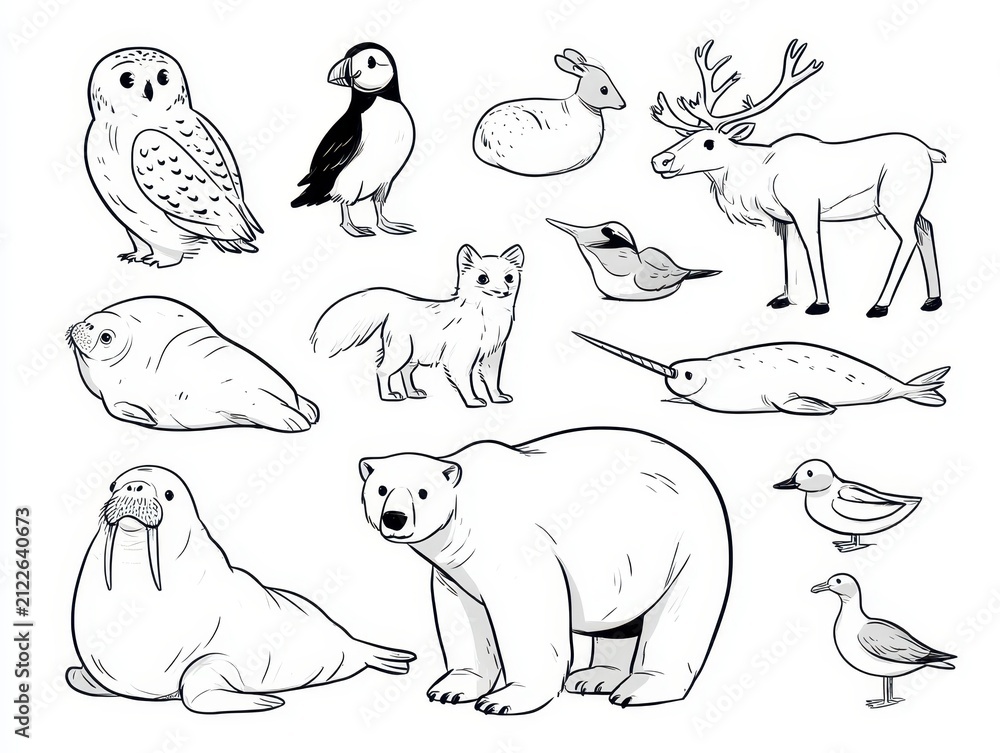 Fototapeta premium Collection of various arctic animals, handdrawn illustration style