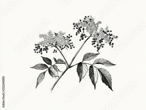 Vintage botanical illustration of elderberry plant with berries isolated on white background