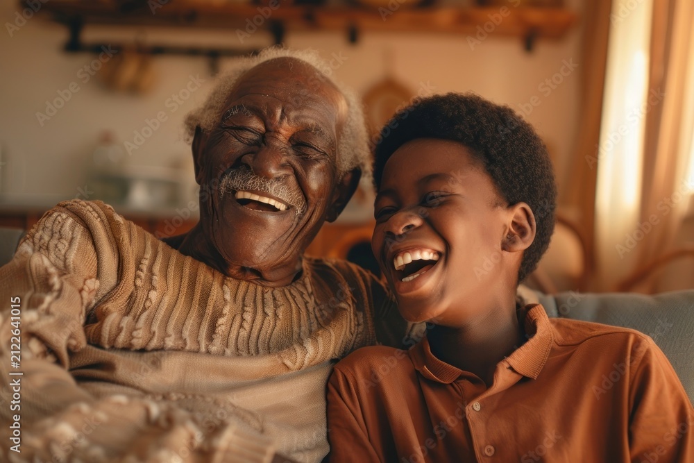 Obraz premium Joyful grandmother and grandson laughing together at home