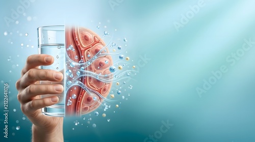 Cellular Hydration Concept with Glass of Water and Electrolyte Transport Illustration