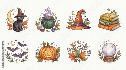 Set of watercolor halloween illustrations featuring a black cat witch hat pumpkin cauldron bats and magical crystal ball
