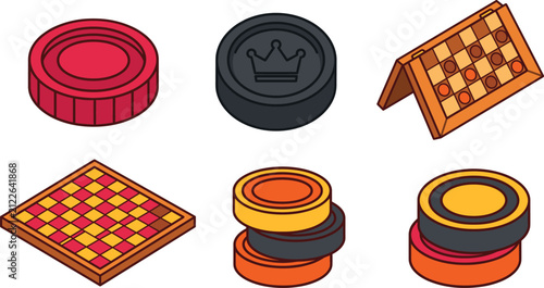 Foto Isometric checkers board game pieces icon set 3d vector illustrations of draught