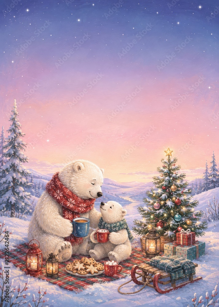 Obraz premium A heartwarming illustration depicts a polar bear parent and child sharing a cozy moment on Christmas Eve.