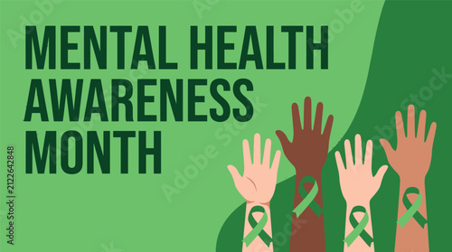 Mental health awareness month banner with hands and ribbons on a green background
