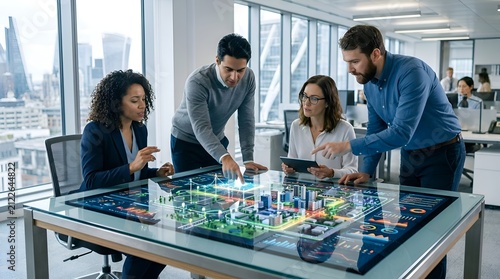 Diverse team collaborating on futuristic smart city model with interactive holographic display.