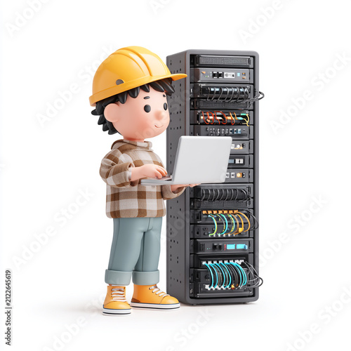 Cute 3D cartoon boy engineer wearing a hard hat, working on a network server rack, isolated on a plain background with soft colors. 