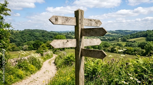 Wooden signpost with four arrows pointing in different directions on a scenic rural path