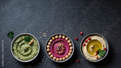 Three bowls of colorful hummus with chickpeas and pomegranate seeds