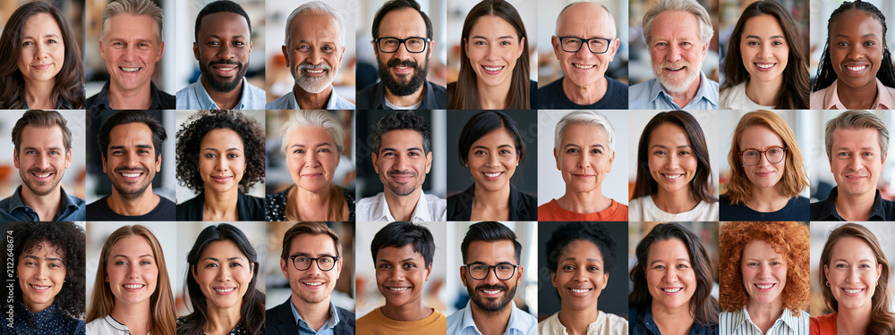 Obraz premium Variety for global harmony. Collage combining portraits happy people from diverse ethnic backgrounds age genders professions. Life medical insurance company database. Wide panorama for website banner
