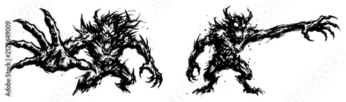 Картината върху платно Aggressive monsters or werewolves with sharp claws in expressive ink sketch styl