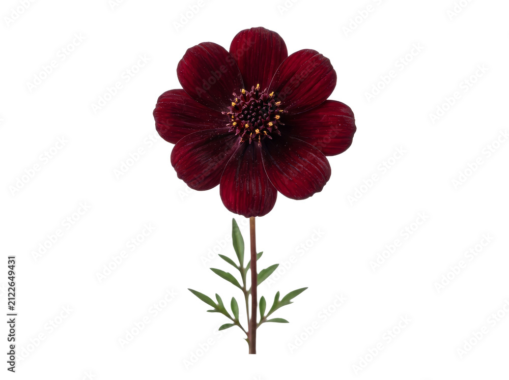 Fototapeta premium Beautiful dark red chocolate cosmos flower with green leaves and yellow center on a simple stem isolated on transparent background