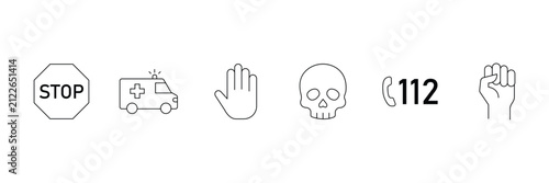 Quadro su tela Emergency rescue ambulance stop sign skull phone icon vector set simple black outline illustration