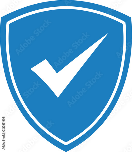 Blue shield icon with check mark, security guarantee symbol, verified vector