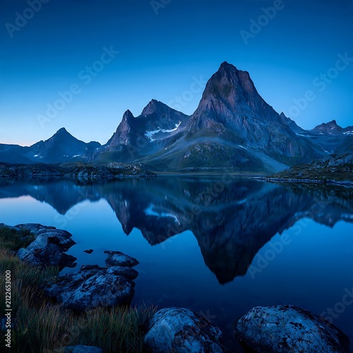 Stunning blue hour landscape reflection of Mount Moran in Grand Teton National Park.