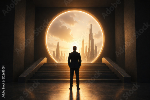Businessman Standing on Stairs Looking at Glowing Circular Portal to Futuristic City Skyline - Success and Future Concept Art