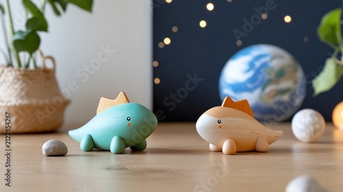 Cute dinosaur toys on a wooden table with a planet and plant in the background.
