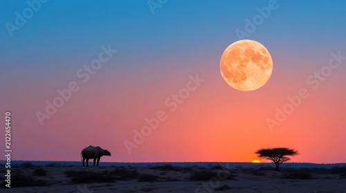 Elephant silhouetted against a vibrant sunset with a large full moon in the sky.