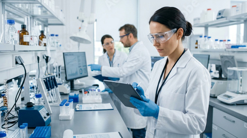 Female scientist using tablet in modern laboratory with colleagues in background