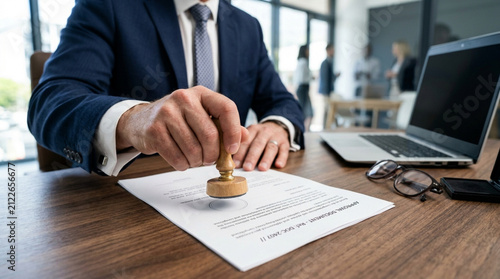 Lawyer stamping document with approval seal in modern office with laptop and glasses