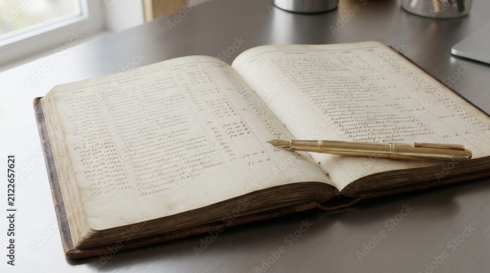 Fototapeta premium Vintage Open Ledger Book with a Brass Pen Resting on Aged Pages Placed on a Metallic Table Surface Invoking a Sense of History and Traditional Record Keeping Near a Window Letting Natural Light